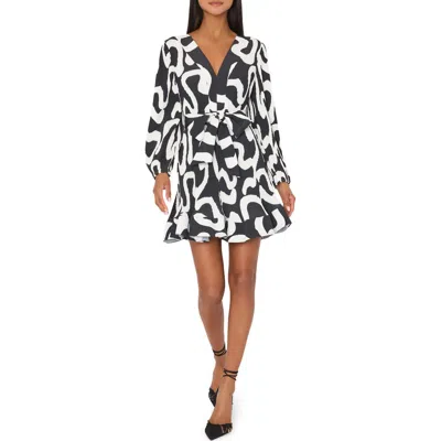 Milly Liora Ink Print Long Sleeve Pleated Midi Dress In Black