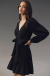 Milly Liv Long-sleeve V-neck Pleated Belted Mini Dress In Black