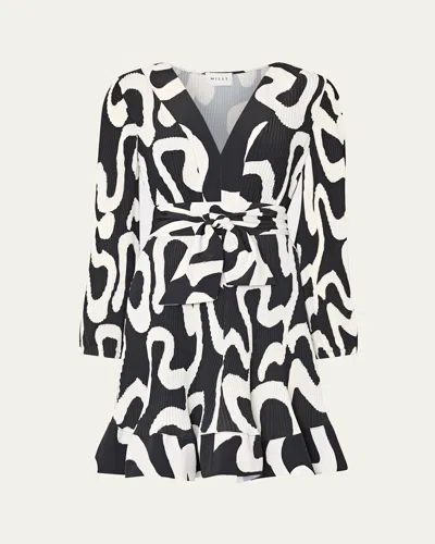 MILLY LIV PLEATED INK SWIRL MINI DRESS