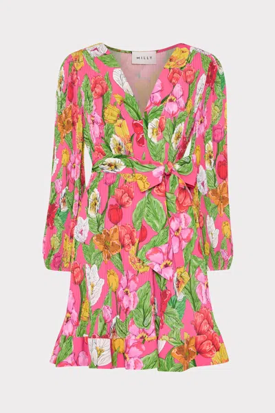 Milly Liv Tulip Rosette Pleated Mini Dress In Pink