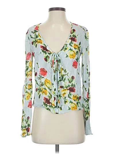 Pre-owned Milly Long Sleeve Silk Top Green Tropical Pattern Plunge Neckline Tops