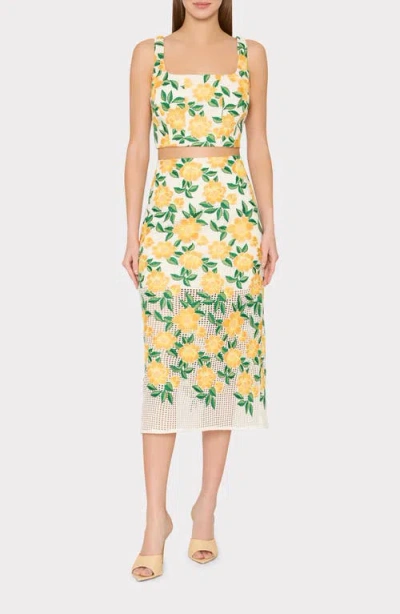 Milly Marta Floral Embroidery Midi Skirt In Multi