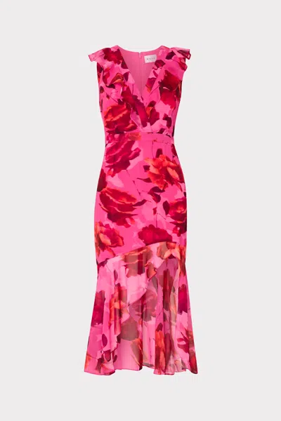 Milly Nanci Blurred Blossom Ruffle Midi Dress In Pink