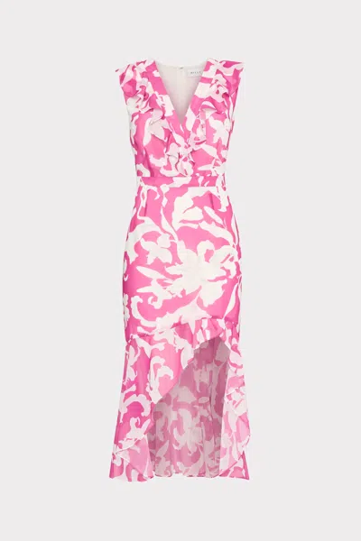 Milly Nanci Lily Silhouette Ruffle Midi Dress In Pink/ecru