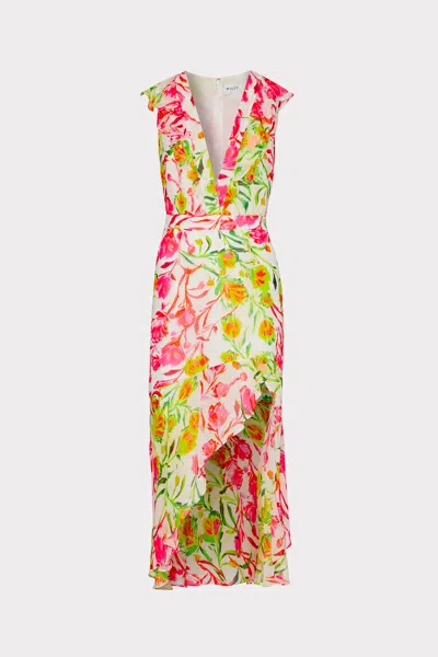 Milly Nanci Neon Botanical Ruffle Midi Dress In White