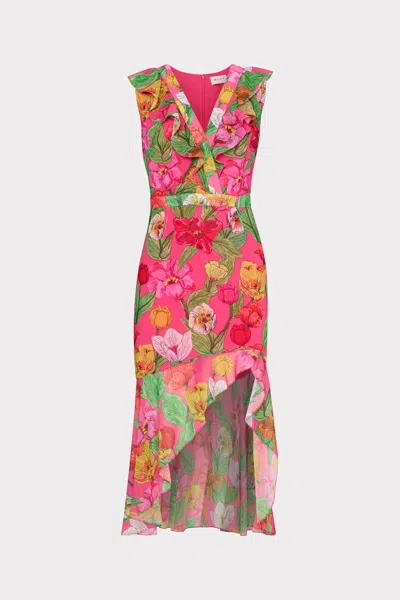 Milly Nanci Tulip Rosette Ruffle Midi Dress In Pink