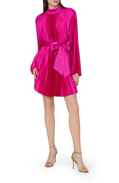 Milly Nandi Long Sleeve Pleated Satin Minidress In Pink
