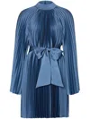 Milly Nandi Long Sleeve Pleated Satin Minidress In Blau