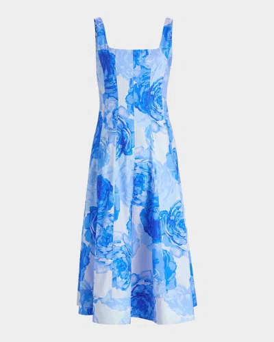 Milly Nia Printed Stretch Cotton Poplin Midi-dress In Blue