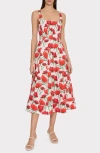 Milly Nia Red Peonia Stretch Cotton Poplin Midi Dress In Multi