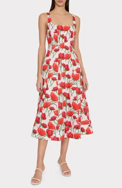 Milly Nia Red Peonia Stretch Cotton Poplin Midi Dress In Multi
