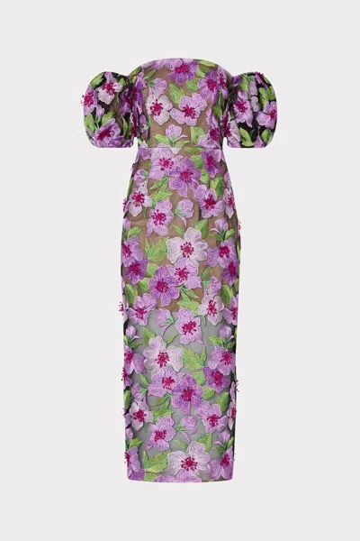 Milly Nira 3d Embroidered Midi Dress In Pink