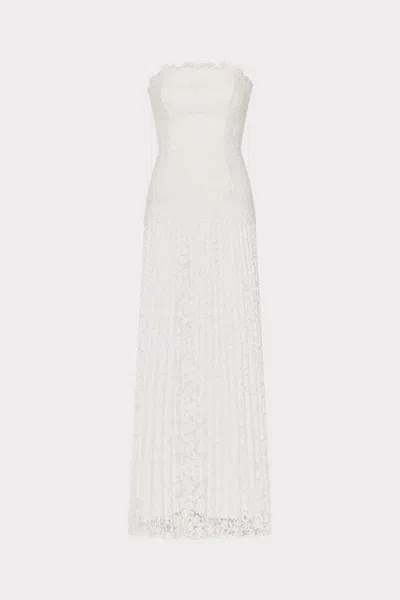 Milly Norelle Strapless Mixed Laces Pleated Maxi Dress