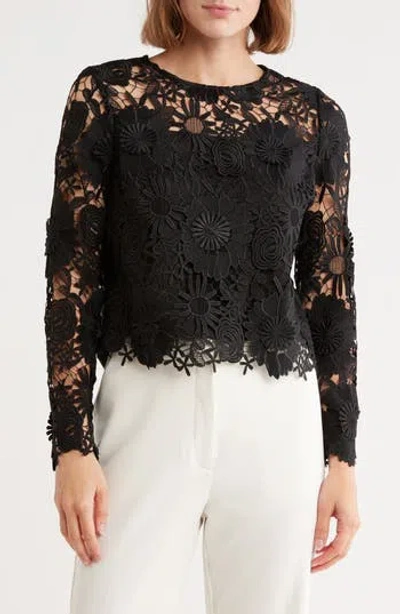 Milly Nori Floral Lace Long Sleeve Crop Top In Black