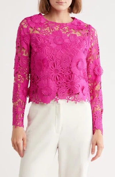 Milly Nori Floral Lace Long Sleeve Crop Top In Pink