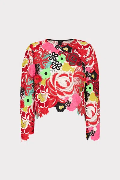 Milly Nori Multi Color Lace Long Sleeve Top In Red