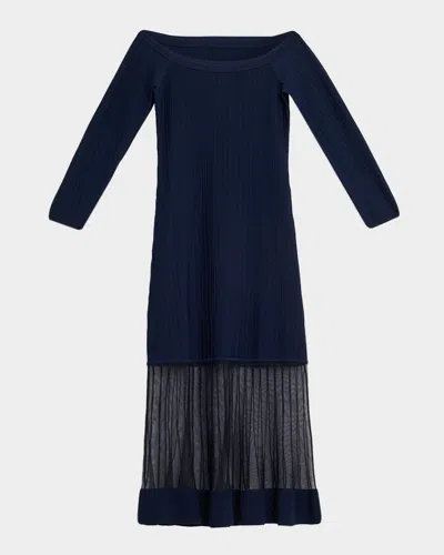 Milly Off-shoulder Sheer & Rib Knit Midi Dress In Blue