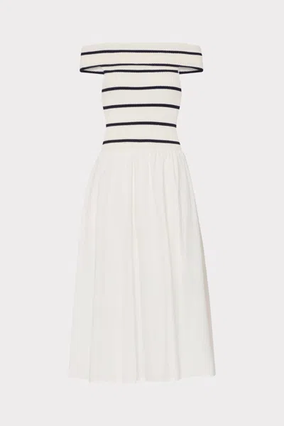 Milly Off The Shoulder Stripe Knit Poplin Midi Dress