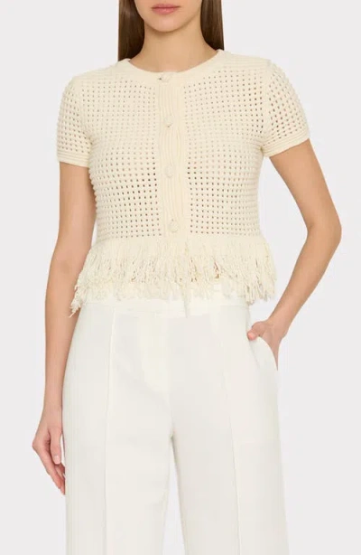 Milly Open Stitch Fringe Cardigan In Neutral