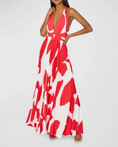 Milly Oria Pleated Deep V-neck Gown In Red/white