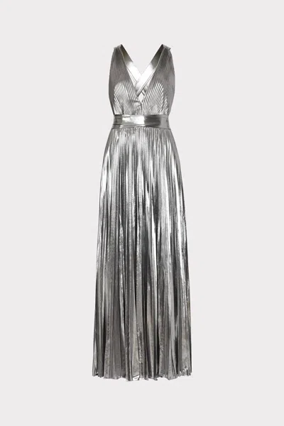Milly Oria Pleated Lame Dress In Silver