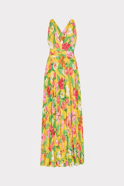 Milly Oria Tulip Rosette Pleated Maxi Dress In Yellow Multi