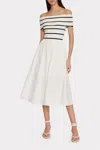 Milly Off The Shoulder Stripe Knit Poplin Midi Dress In White