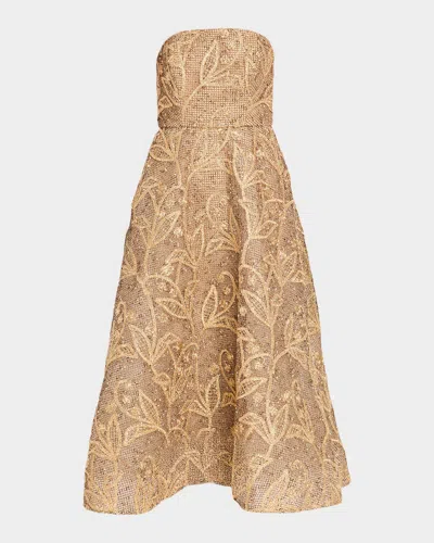 Milly Petunia Strapless Embroidered Metallic Midi Dress In Brown