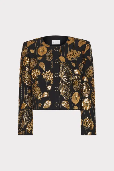 Milly Phoebe Floral Field Embroidered Jacket In Gold/black