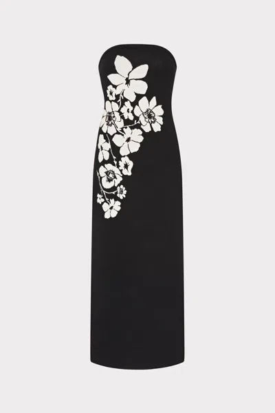 Milly Placed Floral Strapless Knit Midi Dress In Black/ecru