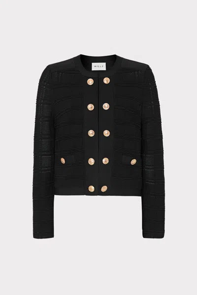 Milly Pointelle Textured Knit Jacket In Black
