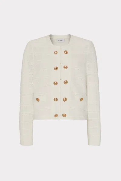 Milly Pointelle Textured Knit Jacket In Ecru