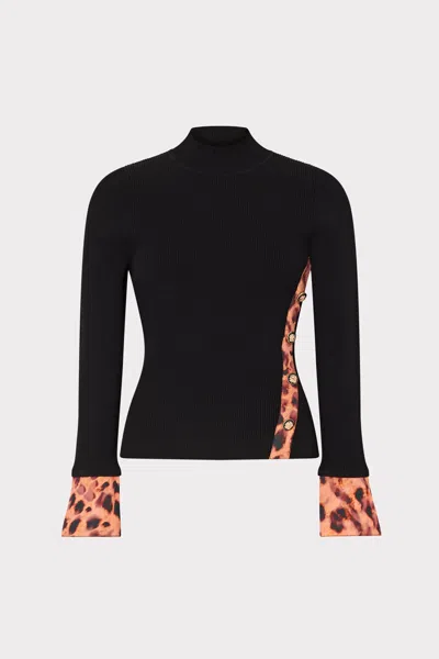 Milly Printed Satin Cuff Knit Mock Neck Long Sleeve Top