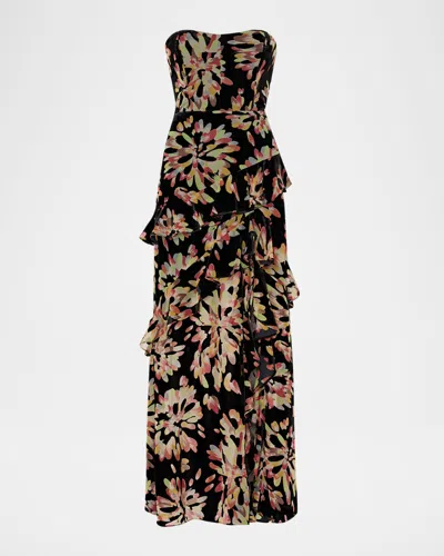 MILLY RAELYNN BURNOUT VELVET RUFFLE MAXI DRESS