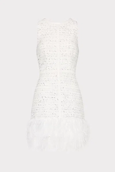 Milly Raven Metallic Tweed Feather Mini Dress In White