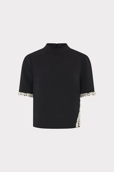 Milly Rayna Crystal Trim Mockneck Short Sleeve Top In Black