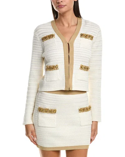 Milly Reid Gold Embellished V Neck Cardigan In White
