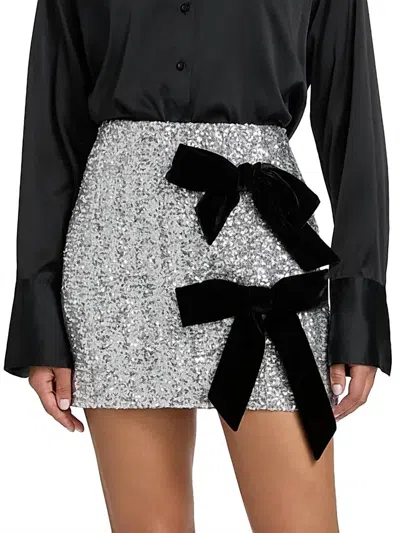 Milly Rhea Sequined Bow Tie Miniskirt In Silver In Grey