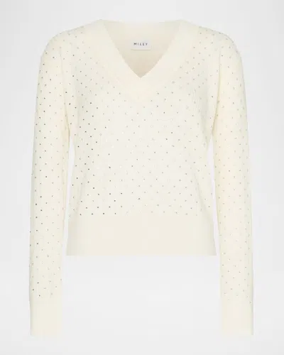 MILLY RHINESTONE RIB KNIT MERINO WOOL SWEATER