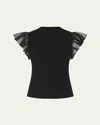 Milly Ribbed Chiffon Flutter-sleeve Top In Black