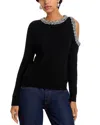 Milly Roma Crystal Embellished Crew Neck Long Sleeve Top In Black