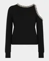 Milly Roma Crystal Embellished Crew Neck Long Sleeve Top In Black