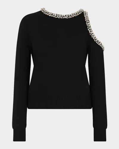 Milly Roma Crystal-embellished Cutout Crewneck Sweater In Black