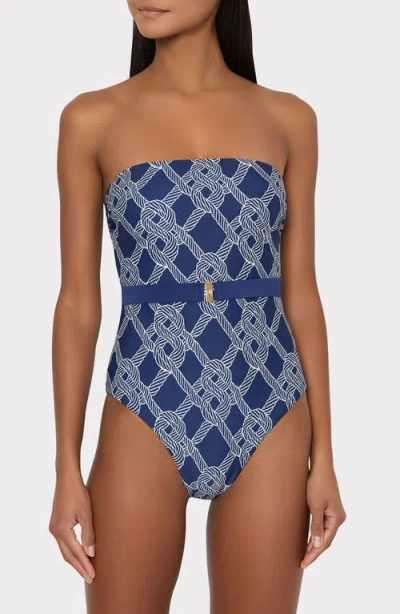 Milly Rope Print Belted One-piece Swimsuit In Blue