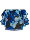 Milly Watercolor Petals Organza Ruffle Short Sleeve Top In Blue