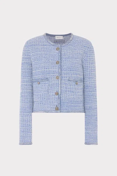 Milly Sade Textured Long Sleeve Cardigan In Blue