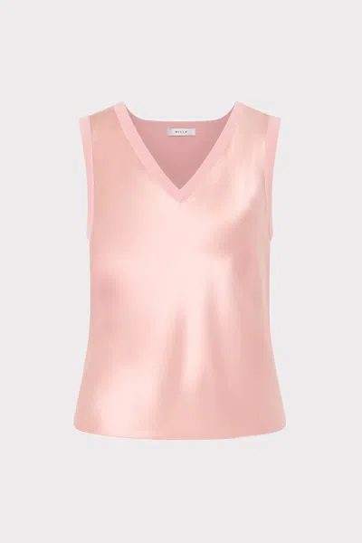 Milly Satin Knit Combination V-neck Sleeveless Shell Top In Pink