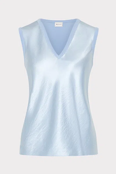 Milly Satin Knit Combination V-neck Sleeveless Top In Blue