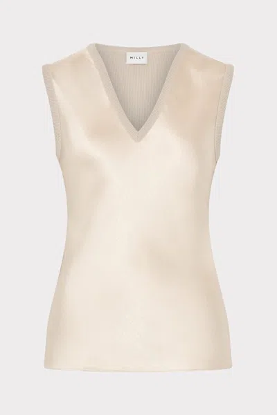Milly Satin Knit Combination V-neck Sleeveless Top In Neutral