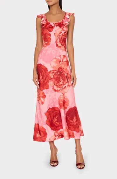 Milly Scarlett Printed Ruffle Neck Midi Dress In Pink